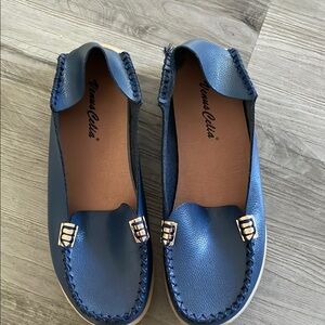 Blue Leather Loafers with Gold Accents, Size 5.5